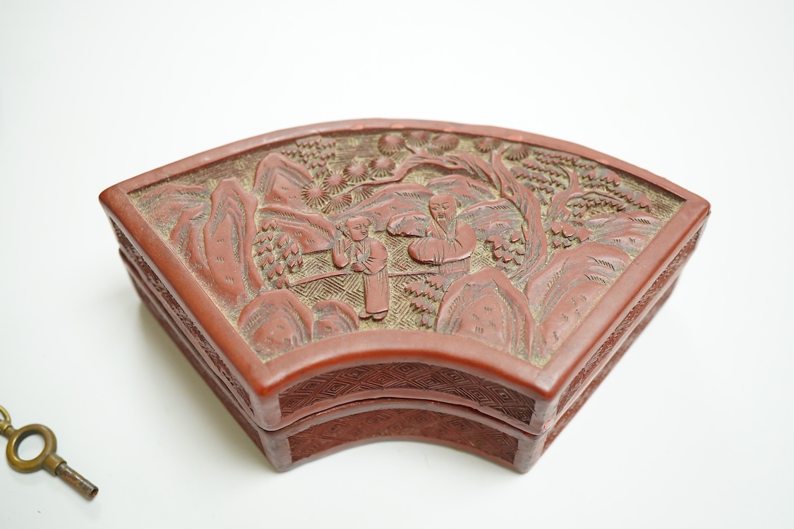 Two Chinese cinnabar lacquer boxes and a Chinese archaistic miniature bronze tripod censer, rectangular lacquer box 11.5cm high x 7.5cm deep